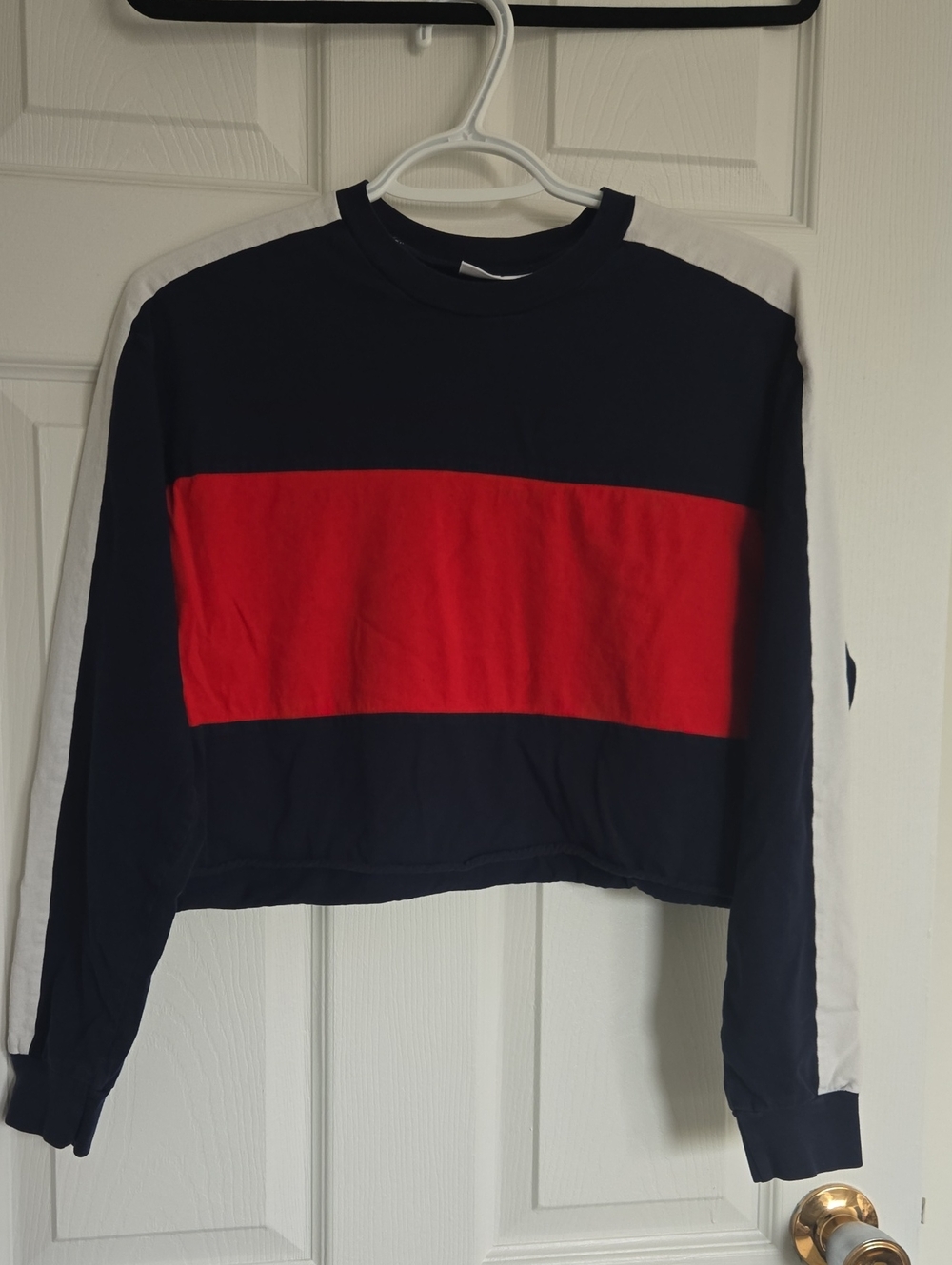 TNA Navy, Red & White Colorblock Cropped Crewneck Long Sleeve